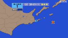 3時47分ごろ、Ｍ４．６　北海道東方沖 北緯43.1度　東経14
