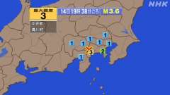19時38分ごろ、Ｍ３．６　神奈川県西部 北緯35.4度　東経1