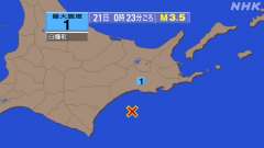 0時23分ごろ、Ｍ３．５　釧路沖 北緯42.5度　東経144.2