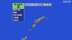 23時33分ごろ、Ｍ４．０　奄美大島近海 北緯28.1度　東経1
