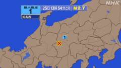13時54分ごろ、Ｍ２．７　長野県南部 北緯35.9度　東経13