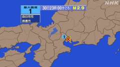 23時00分ごろ、Ｍ２．９　伊勢湾 北緯34.9度　東経136.