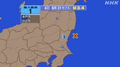 6時31分ごろ、Ｍ３．４　茨城県沖 北緯36.6度　東経141.