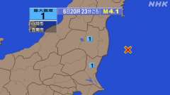 20時23分ごろ、Ｍ４．１　福島県沖 北緯37.1度　東経１４１