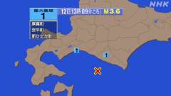 13時9分ごろ、Ｍ３．６　浦河沖 北緯41.9度　東経142.3