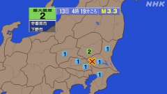 4時19分ごろ、Ｍ３．３　茨城県南部 北緯36.1度　東経139