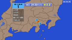 2時39分ごろ、Ｍ３．２　山梨県東部・富士五湖 北緯35.5度　
