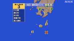 8時3分ごろ、Ｍ５．８　種子島南東沖 北緯29.8度　東経131