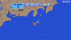 5時15分ごろ、Ｍ３．６　新島・神津島近海 北緯34.0度　東経