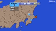 16時3分ごろ、Ｍ３．７　千葉県東方沖 北緯35.8度　東経14