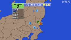 12時51分ごろ、Ｍ３．６　茨城県沖 北緯36.4度　東経140