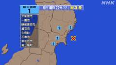 18時22分ごろ、Ｍ３．９　宮城県沖 北緯38.6度　東経141