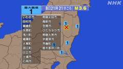 21時21分ごろ、Ｍ３．６　福島県中通り 北緯37.3度　東経1