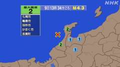 13時34分ごろ、Ｍ４．３　石川県西方沖 北緯36.9度　東経1