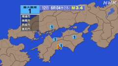6時4分ごろ、Ｍ３．４　高知県中部 北緯33.5度　東経133.