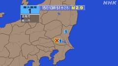 13時51分ごろ、Ｍ２．９　茨城県南部 北緯36.1度　東経14