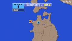 18時31分ごろ、Ｍ２．６　青森県西方沖 北緯40.7度　東経1