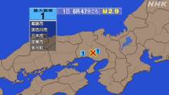 6時47分ごろ、Ｍ２．９　兵庫県南東部 北緯34.9度　東経13
