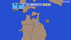 8時7分ごろ、Ｍ３．０　青森県東方沖 北緯40.7度　東経142