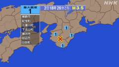 18時26分ごろ、Ｍ３．５　和歌山県北部 北緯33.9度　東経1