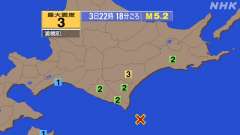 22時18分ごろ、Ｍ５．２　十勝沖 北緯41.7度　東経143.