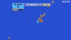 19時2分ごろ、Ｍ２．６　沖縄本島近海 北緯26.2度　東経12