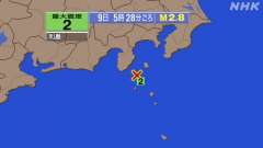 5時28分ごろ、Ｍ２．８　新島・神津島近海 北緯34.5度　東経