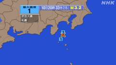 20時33分ごろ、Ｍ３．２　伊豆大島近海 北緯34.6度　東経1
