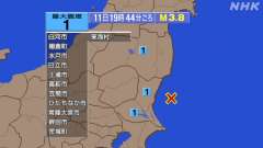 19時44分ごろ、Ｍ３．８　茨城県沖　 北緯36.4度　東経14