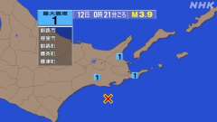 0時21分ごろ、Ｍ３．９　釧路沖 北緯42.6度　東経144.7