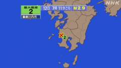 7時11分ごろ、Ｍ２．９　鹿児島県薩摩地方 北緯31.8度　東経