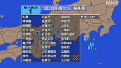 12時49分ごろ、Ｍ４．８　東海道南方沖 北緯33.5度　東経1