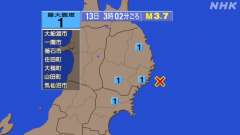 3時2分ごろ、Ｍ３．７　岩手県沖 北緯39.1度　東経142.2
