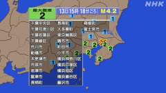 15時18分ごろ、Ｍ４．２　千葉県北西部 北緯35.7度　東経1