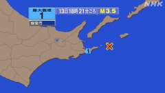18時21分ごろ、Ｍ３．５　根室半島南東沖 北緯43.4度　東経