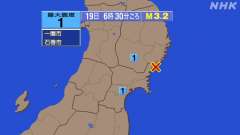 6時30分ごろ、Ｍ３．２　宮城県沖 北緯38.9度　東経141.
