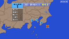 9時46分ごろ、Ｍ４．２　千葉県南東沖 北緯34.8度　東経14