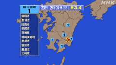 2時7分ごろ、Ｍ３．４　宮崎県南部平野部 北緯31.7度　東経1