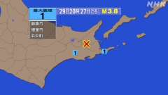 20時27分ごろ、Ｍ３．８　根室半島北部 北緯43.5度　東経1