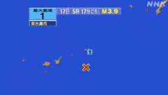 5時17分ごろ、Ｍ３．９　宮古島近海 北緯24.2度　東経125