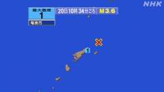 10時34分ごろ、Ｍ３．６　奄美大島近海 北緯28.7度　東経1