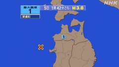 1時42分ごろ、Ｍ３．８　秋田県沖 北緯40.1度　東経139.