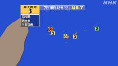 16時45分ごろ、Ｍ５．７　与那国島近海 北緯24.7度　東経1