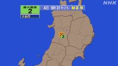 9時13分ごろ、Ｍ２．９　秋田県内陸南部 北緯39.5度　東経1