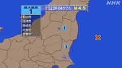 23時4分ごろ、Ｍ４．５　福島県沖 北緯37.0度　東経142.
