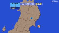 15時54分ごろ、Ｍ３．８　宮城県沖 北緯38.3度　東経141