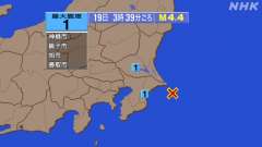 3時39分ごろ、Ｍ４．４　千葉県東方沖 北緯35.5度　東経14