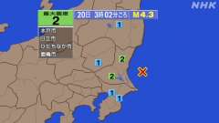 3時2分ごろ、Ｍ４．３　茨城兼沖 北緯36.2度　東経141.0