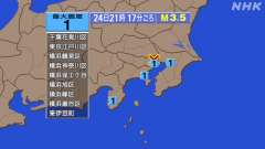 21時17分ごろ、Ｍ３．５　東京都２３区 北緯35.7度　東経1
