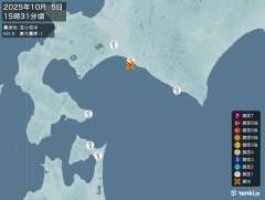 15時31分ごろ、Ｍ３．９　苫小牧沖 北緯42.5度　東経141